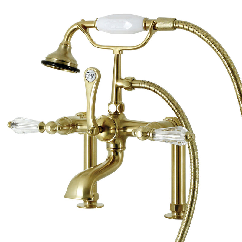 Wilshire AE103T7WLL Three-Handle 2-Hole Deck Mount Clawfoot Tub Faucet with Hand Shower, Brushed Brass