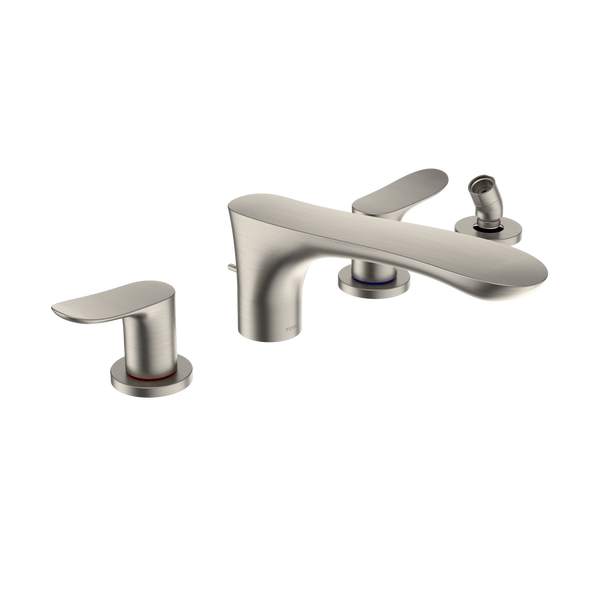 TOTO GO Two-Handle Deck-Mount Roman Tub Filler Trim with Handshower, Brushed Nickel TBG01202U#BN